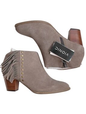 NEW Vionic Leather Faros Fringed Studded Ankle Boots Greige Size 9 Retail $160